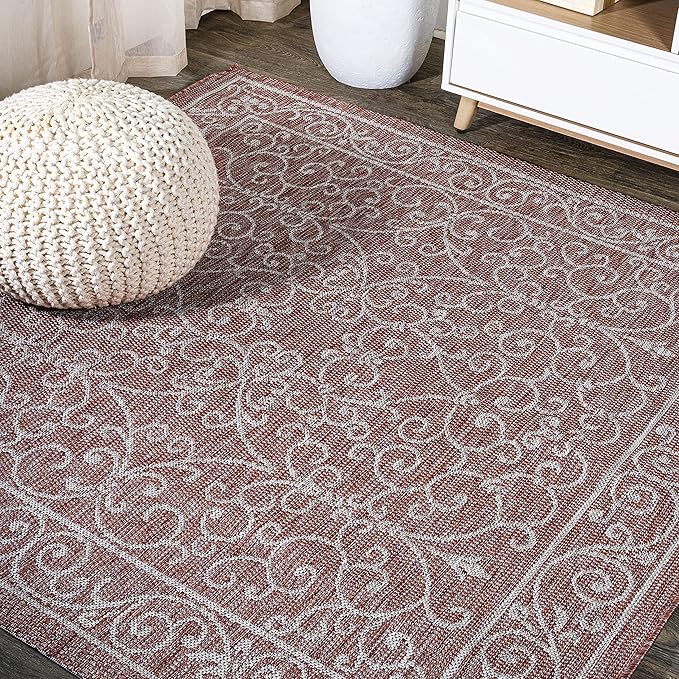 JONATHAN Y Vintage Filigree Indoor Outdoor Square Area Rug 5X5 Red/Beige, Charleston Textured Weave for Backyard, Patio, Porch, Easy-Cleaning, High Traffic, Pet-Friendly, Non-Shedding (SMB106B-5SQ)