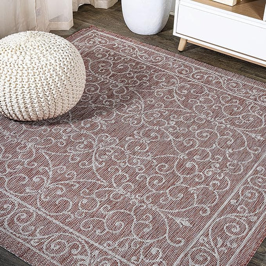 JONATHAN Y Vintage Filigree Indoor Outdoor Square Area Rug 5X5 Red/Beige, Charleston Textured Weave for Backyard, Patio, Porch, Easy-Cleaning, High Traffic, Pet-Friendly, Non-Shedding (SMB106B-5SQ)