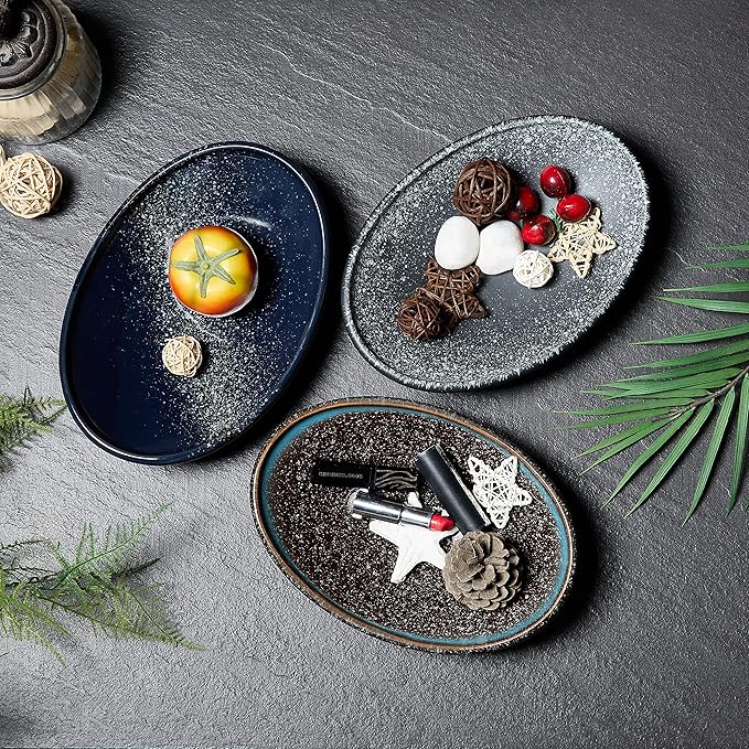 Oval Ceramic Decorative Bowl, Key Dish for Entryway Table, Small Home Decor Accent, Trinket Tray for Office Home Decor Gift (10'' Snowflake Gray without Glaze Layer)
