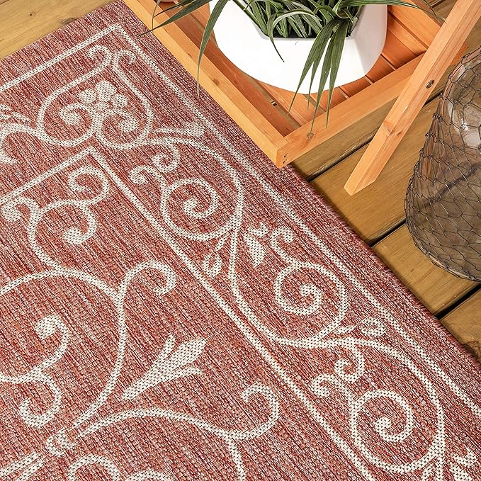 JONATHAN Y Vintage Filigree Indoor Outdoor Square Area Rug 4X4 Red/Beige, Charleston Textured Weave for Backyard, Patio, Porch, Easy-Cleaning, High Traffic, Pet-Friendly, Non-Shedding (SMB106B-4SQ)