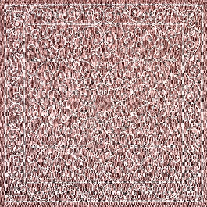 JONATHAN Y Vintage Filigree Indoor Outdoor Square Area Rug 4X4 Red/Beige, Charleston Textured Weave for Backyard, Patio, Porch, Easy-Cleaning, High Traffic, Pet-Friendly, Non-Shedding (SMB106B-4SQ)