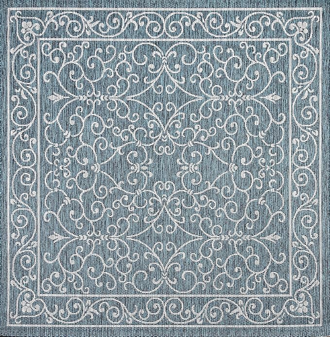 JONATHAN Y Vintage Filigree Indoor Outdoor Square Area Rug 9X9 Teal/Gray, Charleston Textured Weave for Backyard, Patio, Porch, Easy-Cleaning, High Traffic, Pet-Friendly, Non-Shedding (SMB106F-9SQ)