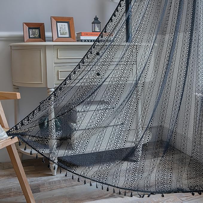 Sutuo Home Black Crochet Boho Curtain 63 Inches Length, Sheer Lace Handmade Tassels Knitted Window Treatment Vintage Rustic Bohemian Farmhouse Drape for Bedroom Rod Pocket 1 Panel 59" W x 63" L