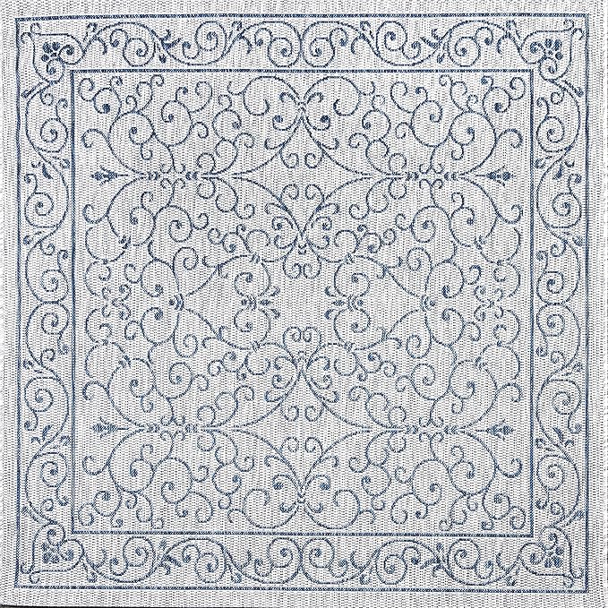 JONATHAN Y Vintage Filigree Indoor Outdoor Square Area Rug 4X4 Gray/Navy, Charleston Textured Weave for Backyard, Patio, Porch, Easy-Cleaning, High Traffic, Pet-Friendly, Non-Shedding (SMB106C-4SQ)